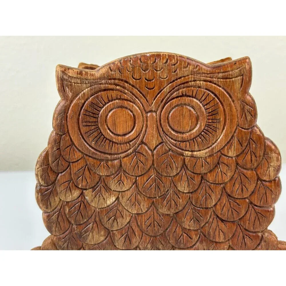 MCM 1970s Owl Wooden Napkin Letter Holder Brown Distressed Vintage Mid-Century